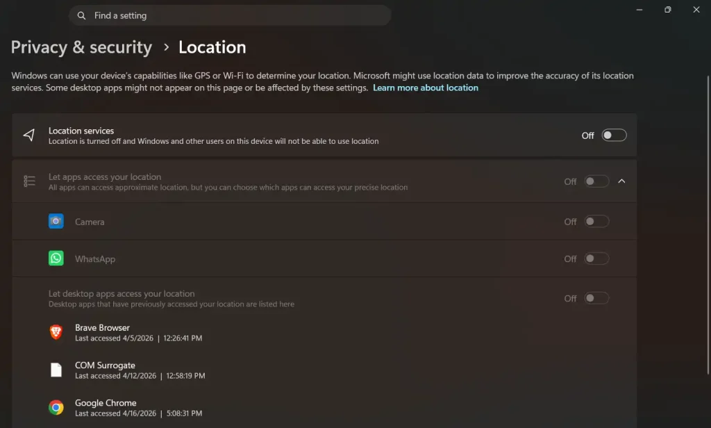 Windows location service