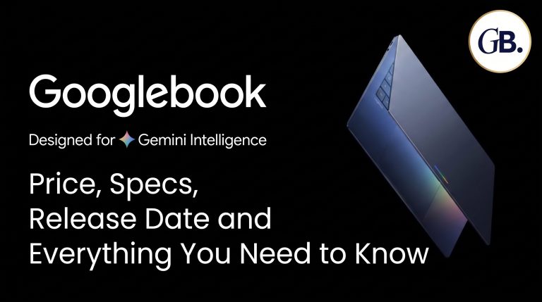 Googlebook laptop with Gemini Intelligence branding, showing price, specs, and release date announcement