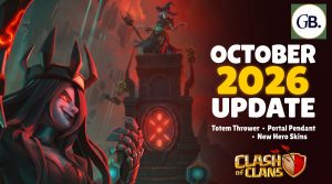 Clash of Clans October update 2026 artwork with the Shroud Queen skin and a glowing red portal tower