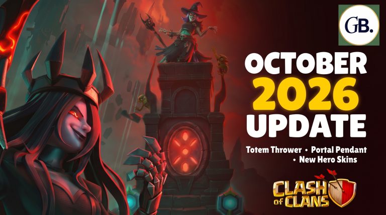 Clash of Clans October update 2026 artwork with the Shroud Queen skin and a glowing red portal tower